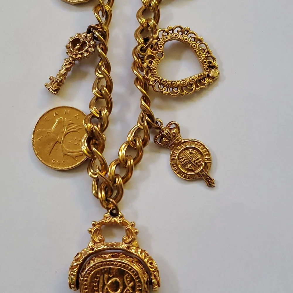 Goldtone Roman Coins & Charms Necklace 16" - Picture 6 of 9